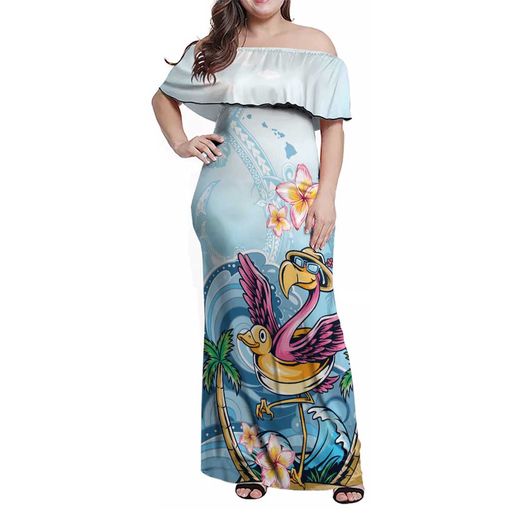 Hawaii Flamingo Family Matching Off Shoulder Maxi Dress and Hawaiian Shirt Plumeria Tropical Beach LT01 Mom's Dress Blue - Polynesian Pride