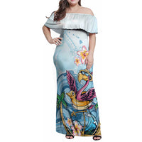 Hawaii Flamingo Family Matching Off Shoulder Maxi Dress and Hawaiian Shirt Plumeria Tropical Beach LT01 Mom's Dress Blue - Polynesian Pride