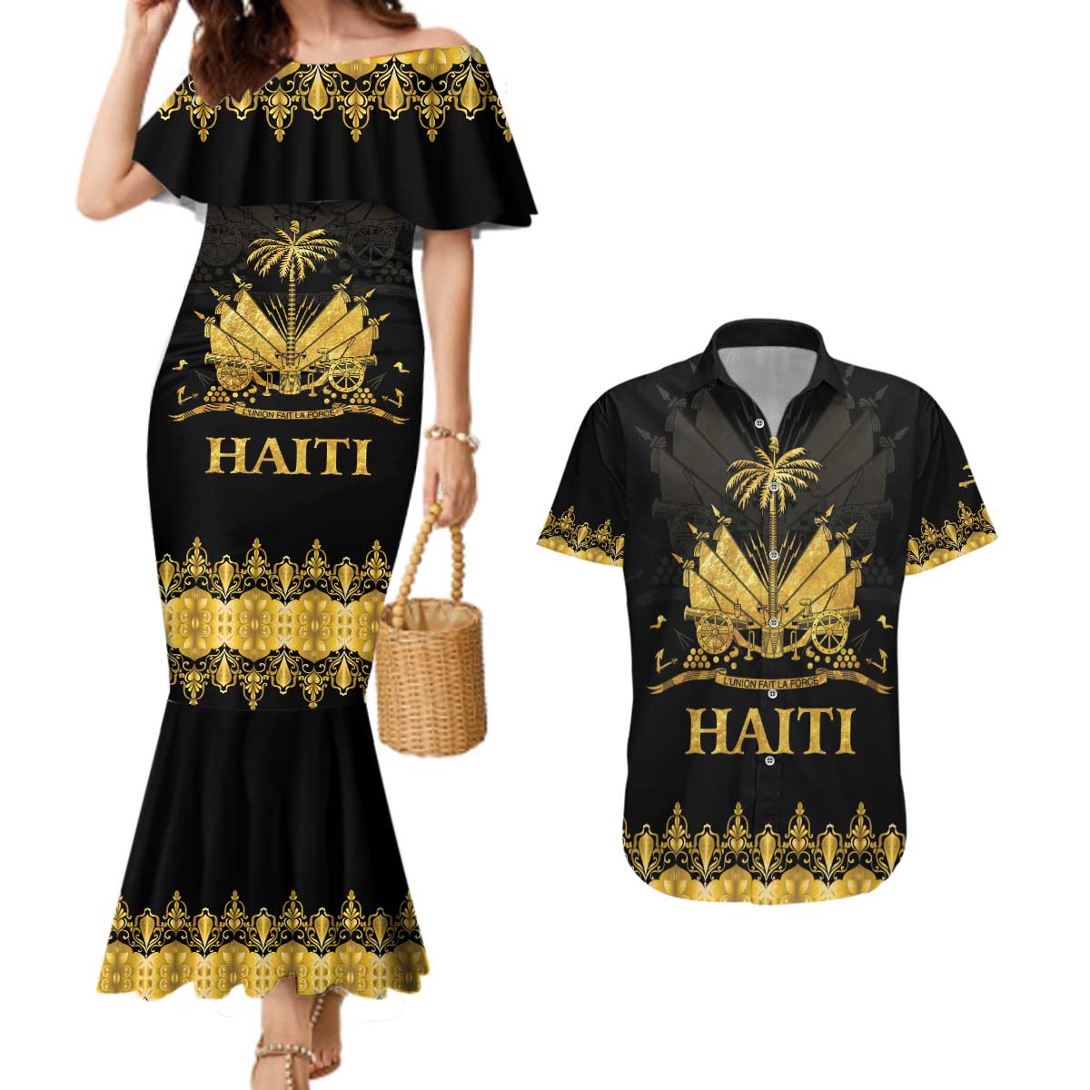 Haiti Neg Marron Gold Couples Matching Mermaid Dress and Hawaiian Shirt Lespwa pa anyen san aksyon LT01 Gold - Polynesian Pride