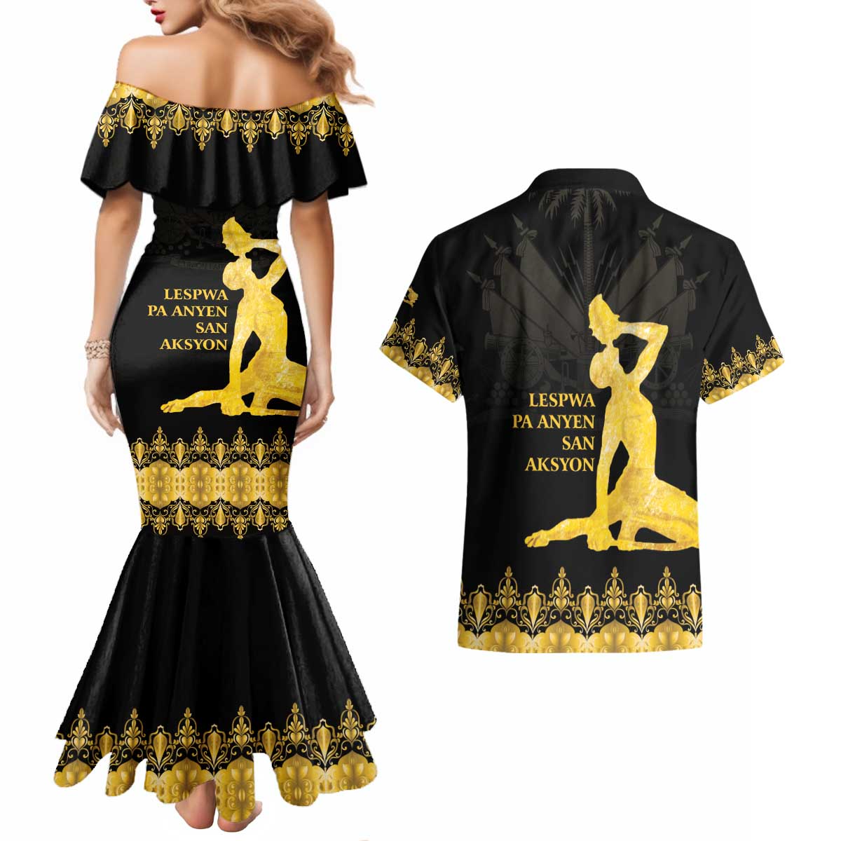 Haiti Neg Marron Gold Couples Matching Mermaid Dress and Hawaiian Shirt Lespwa pa anyen san aksyon LT01 - Polynesian Pride