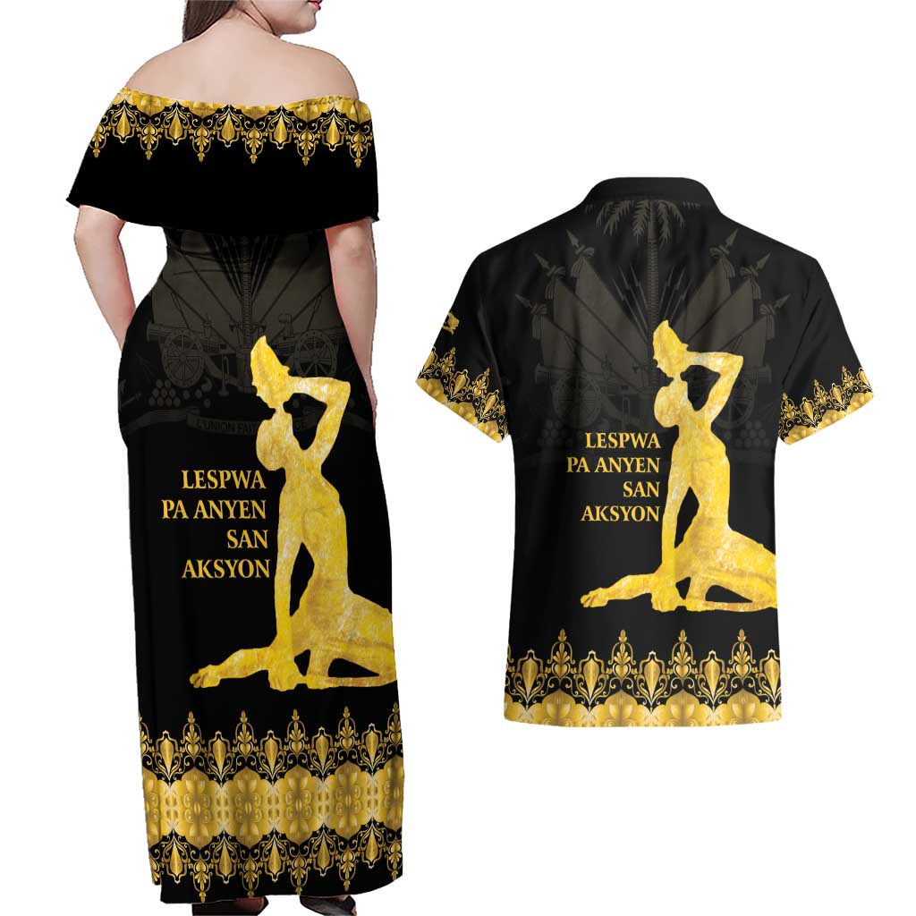 Haiti Neg Marron Gold Couples Matching Off Shoulder Maxi Dress and Hawaiian Shirt Lespwa pa anyen san aksyon LT01 - Polynesian Pride
