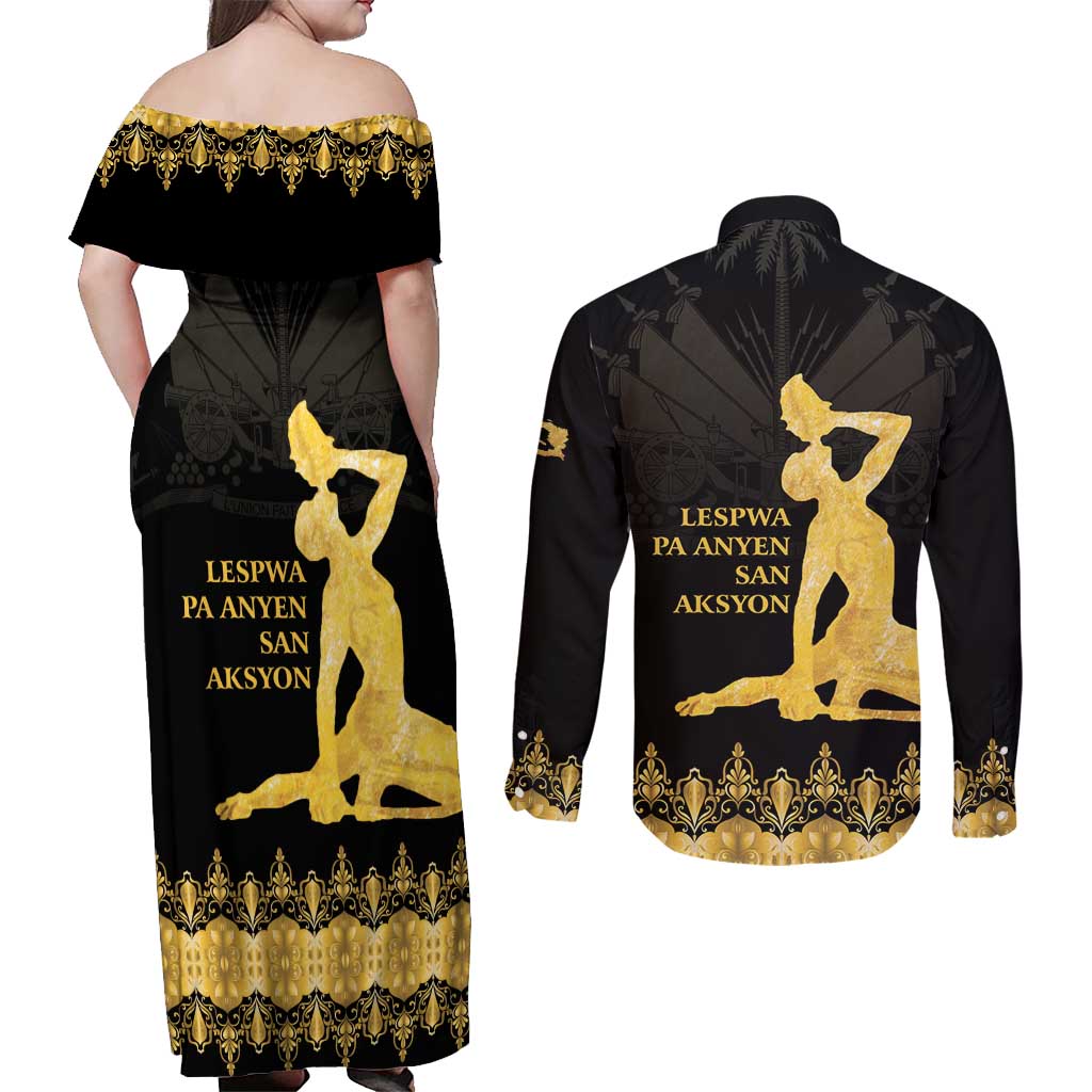 Haiti Neg Marron Gold Couples Matching Off Shoulder Maxi Dress and Long Sleeve Button Shirt Lespwa pa anyen san aksyon LT01 - Polynesian Pride