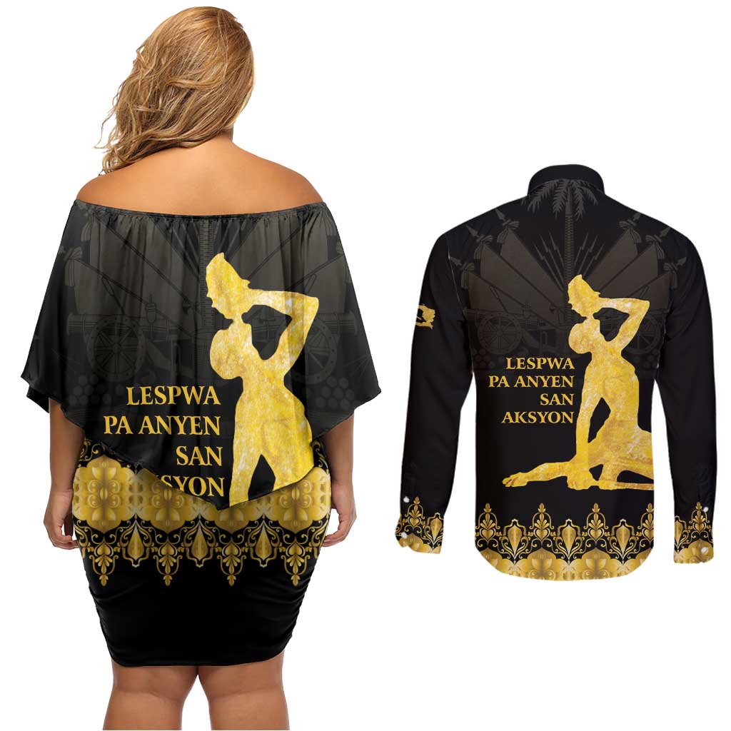 Haiti Neg Marron Gold Couples Matching Off Shoulder Short Dress and Long Sleeve Button Shirt Lespwa pa anyen san aksyon LT01 - Polynesian Pride