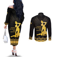 Haiti Neg Marron Gold Couples Matching Off The Shoulder Long Sleeve Dress and Long Sleeve Button Shirt Lespwa pa anyen san aksyon LT01 - Polynesian Pride