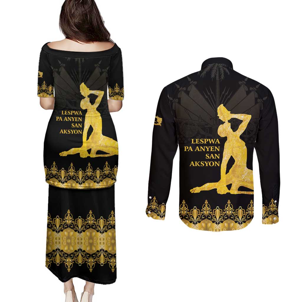Haiti Neg Marron Gold Couples Matching Puletasi and Long Sleeve Button Shirt Lespwa pa anyen san aksyon LT01 - Polynesian Pride
