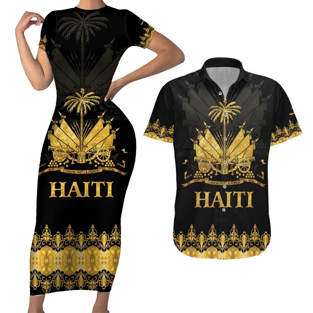 Haiti Neg Marron Gold Couples Matching Short Sleeve Bodycon Dress and Hawaiian Shirt Lespwa pa anyen san aksyon LT01 Gold - Polynesian Pride