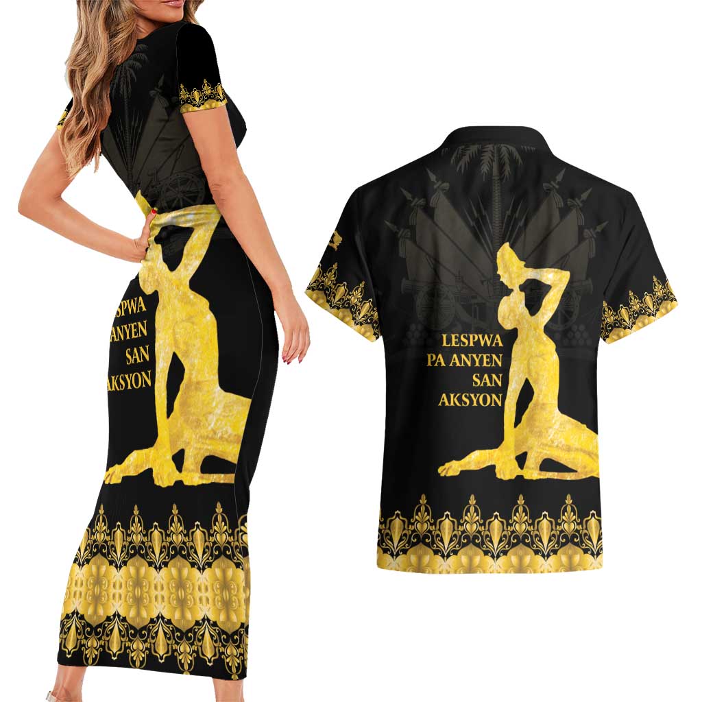 Haiti Neg Marron Gold Couples Matching Short Sleeve Bodycon Dress and Hawaiian Shirt Lespwa pa anyen san aksyon LT01 - Polynesian Pride