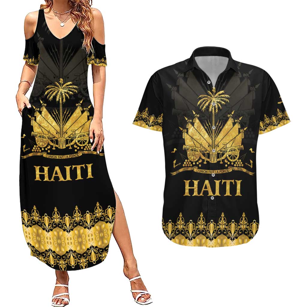 Haiti Neg Marron Gold Couples Matching Summer Maxi Dress and Hawaiian Shirt Lespwa pa anyen san aksyon LT01 Gold - Polynesian Pride