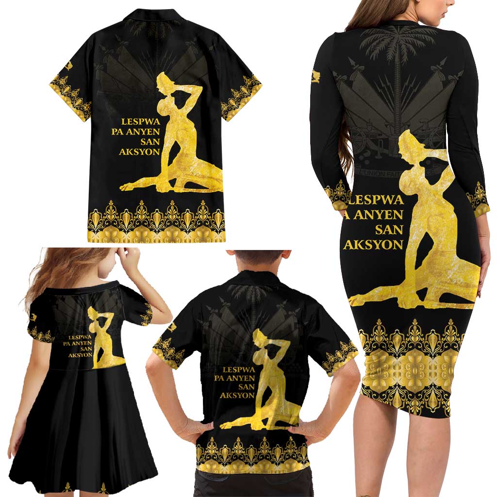 Haiti Neg Marron Gold Family Matching Long Sleeve Bodycon Dress and Hawaiian Shirt Lespwa pa anyen san aksyon LT01 - Polynesian Pride