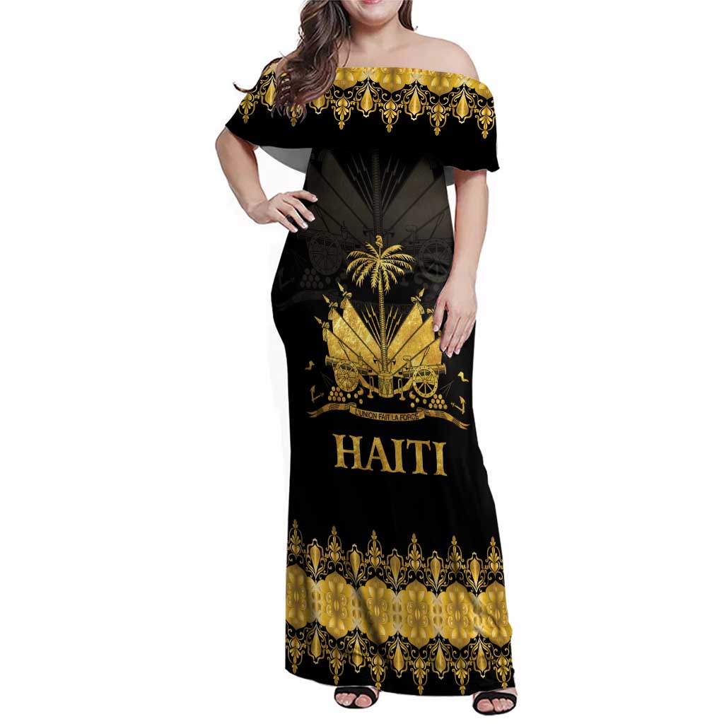 Haiti Neg Marron Gold Family Matching Off Shoulder Maxi Dress and Hawaiian Shirt Lespwa pa anyen san aksyon LT01 Mom's Dress Gold - Polynesian Pride