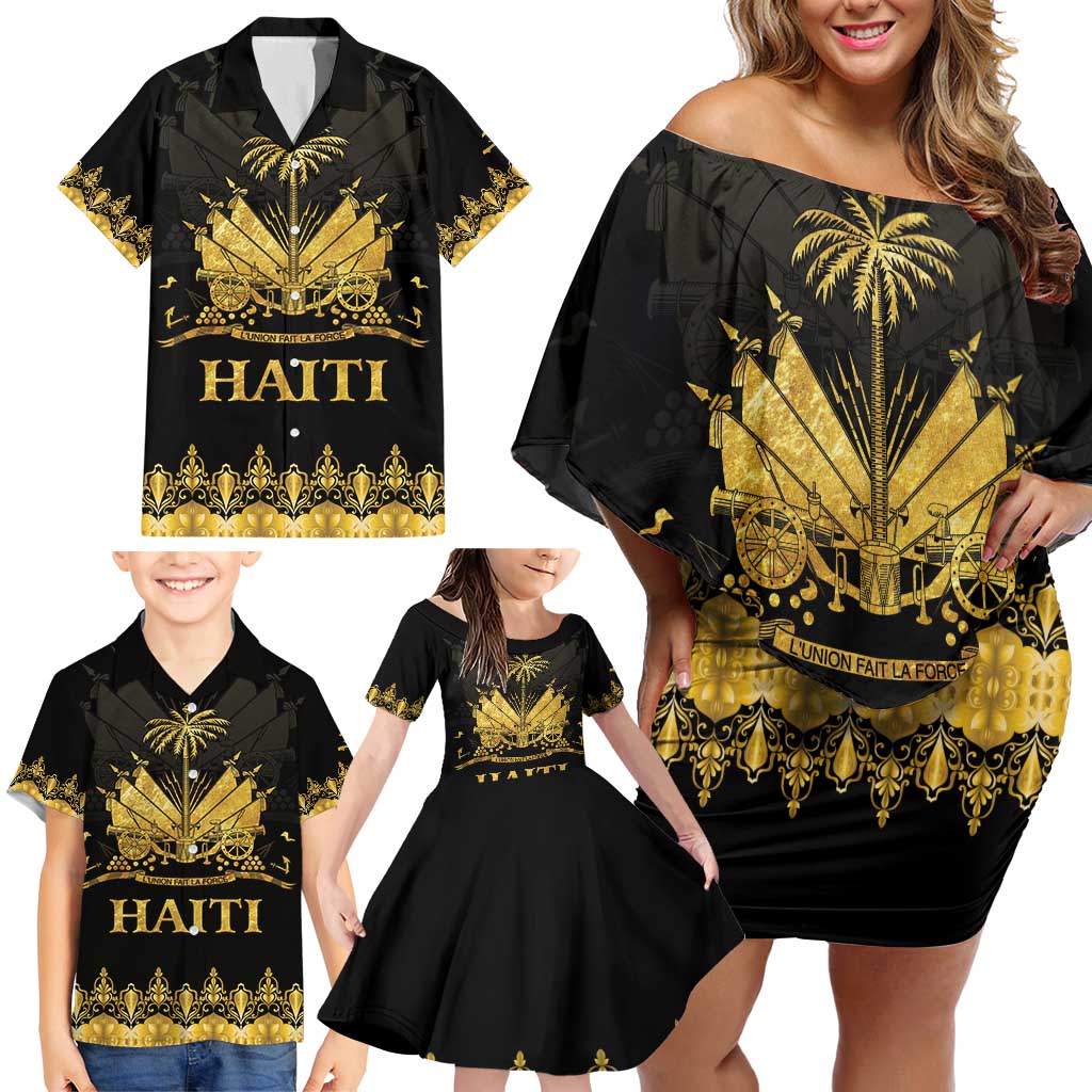 Haiti Neg Marron Gold Family Matching Off Shoulder Short Dress and Hawaiian Shirt Lespwa pa anyen san aksyon LT01 - Polynesian Pride