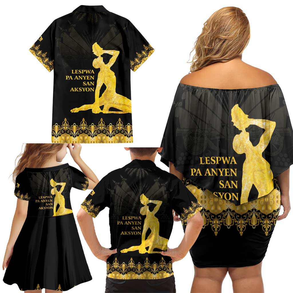 Haiti Neg Marron Gold Family Matching Off Shoulder Short Dress and Hawaiian Shirt Lespwa pa anyen san aksyon LT01 - Polynesian Pride