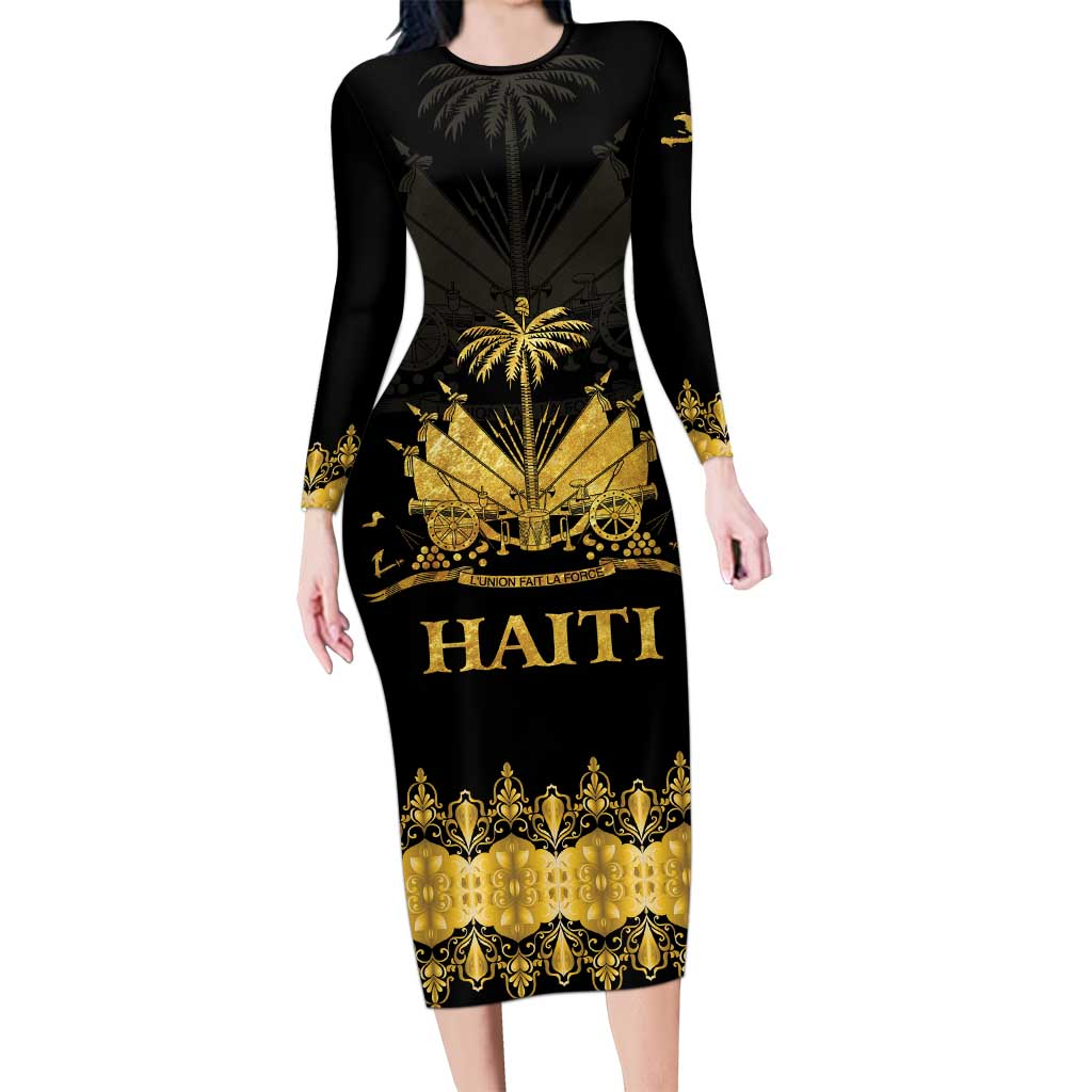 Haiti Neg Marron Gold Long Sleeve Bodycon Dress Lespwa pa anyen san aksyon LT01 Long Dress Gold - Polynesian Pride