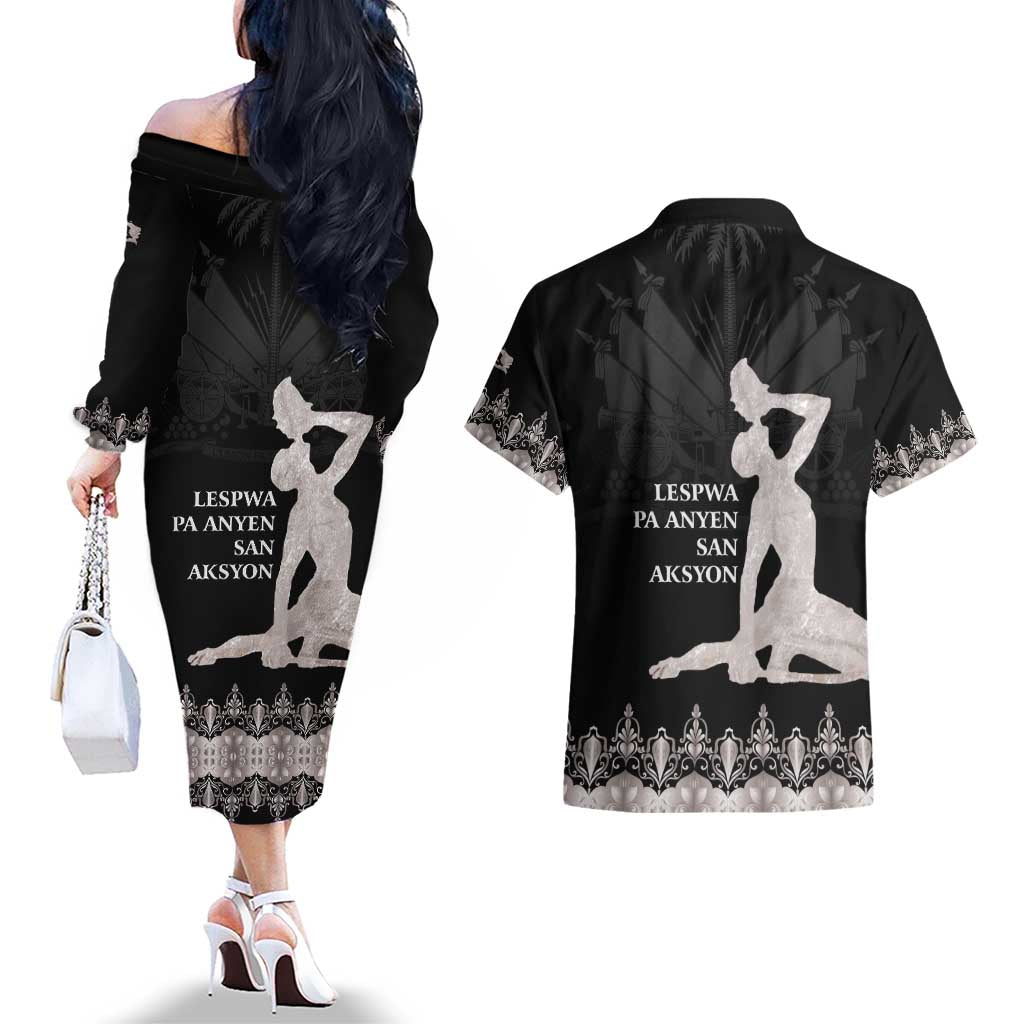 Haiti Neg Marron Silver Couples Matching Off The Shoulder Long Sleeve Dress and Hawaiian Shirt Hope is Nothing Without Action LT01 - Polynesian Pride
