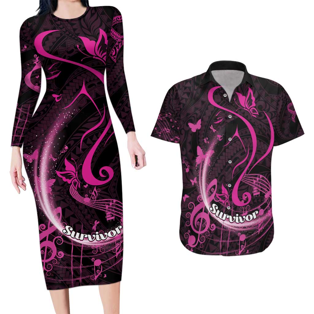 Personalised Survivor Melody Pink Couples Matching Long Sleeve Bodycon Dress and Hawaiian Shirt Breast Cancer Polynesian Pattern LT01 Pink - Polynesian Pride
