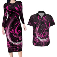 Personalised Survivor Melody Pink Couples Matching Long Sleeve Bodycon Dress and Hawaiian Shirt Breast Cancer Polynesian Pattern LT01 Pink - Polynesian Pride