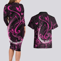 Personalised Survivor Melody Pink Couples Matching Long Sleeve Bodycon Dress and Hawaiian Shirt Breast Cancer Polynesian Pattern LT01 - Polynesian Pride