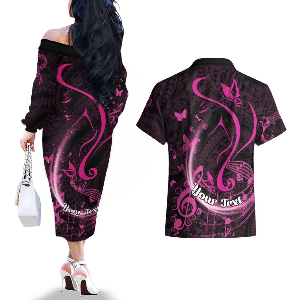 Personalised Survivor Melody Pink Couples Matching Off The Shoulder Long Sleeve Dress and Hawaiian Shirt Breast Cancer Polynesian Pattern LT01 - Polynesian Pride