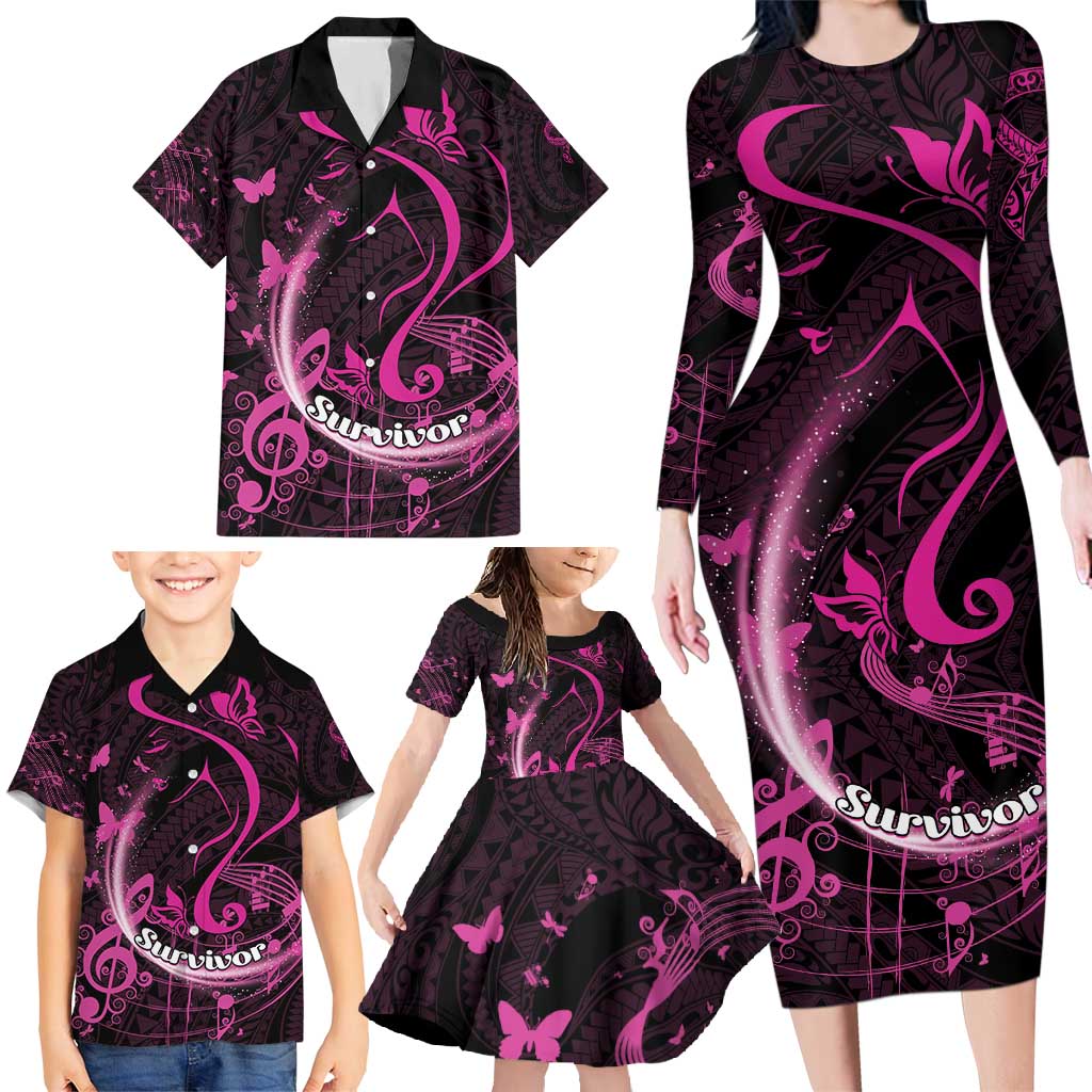 Personalised Survivor Melody Pink Family Matching Long Sleeve Bodycon Dress and Hawaiian Shirt Breast Cancer Polynesian Pattern LT01 - Polynesian Pride