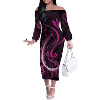 Personalised Survivor Melody Pink Family Matching Off The Shoulder Long Sleeve Dress and Hawaiian Shirt Breast Cancer Polynesian Pattern LT01 Mom's Dress Pink - Polynesian Pride