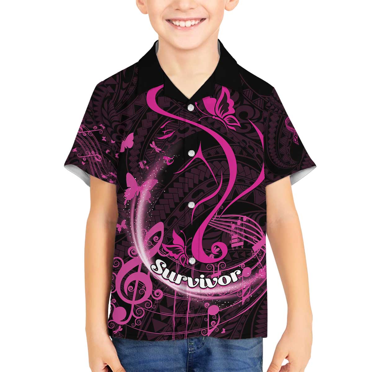 Personalised Survivor Melody Pink Family Matching Off The Shoulder Long Sleeve Dress and Hawaiian Shirt Breast Cancer Polynesian Pattern LT01 Son's Shirt Pink - Polynesian Pride