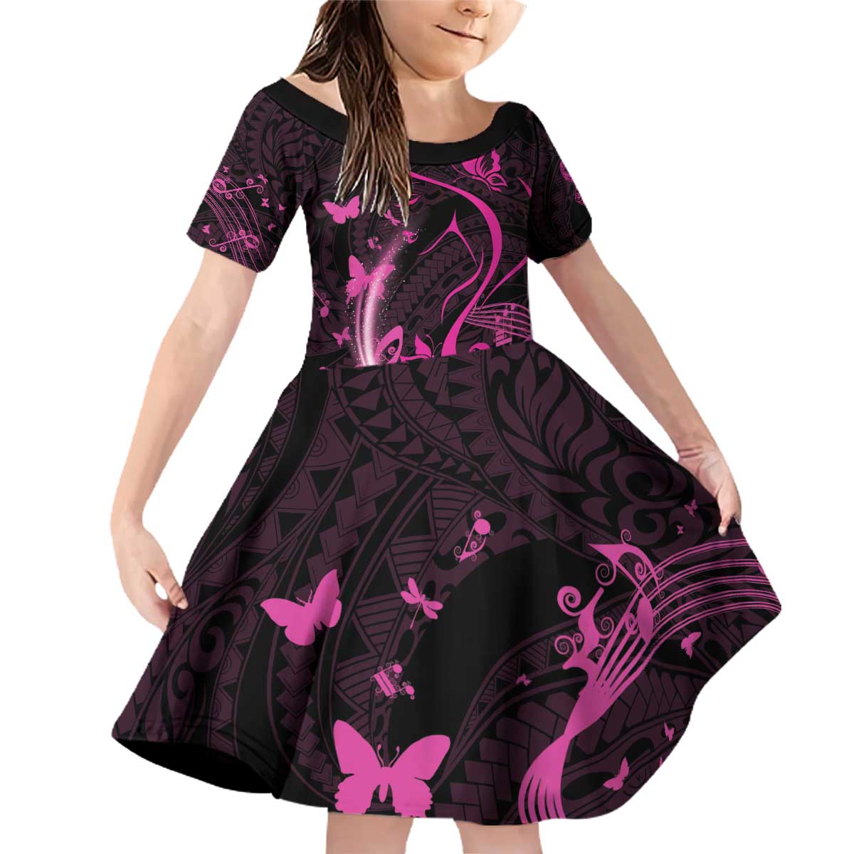 Personalised Survivor Melody Pink Family Matching Off Shoulder Short Dress and Hawaiian Shirt Breast Cancer Polynesian Pattern LT01 Daughter's Dress Pink - Polynesian Pride