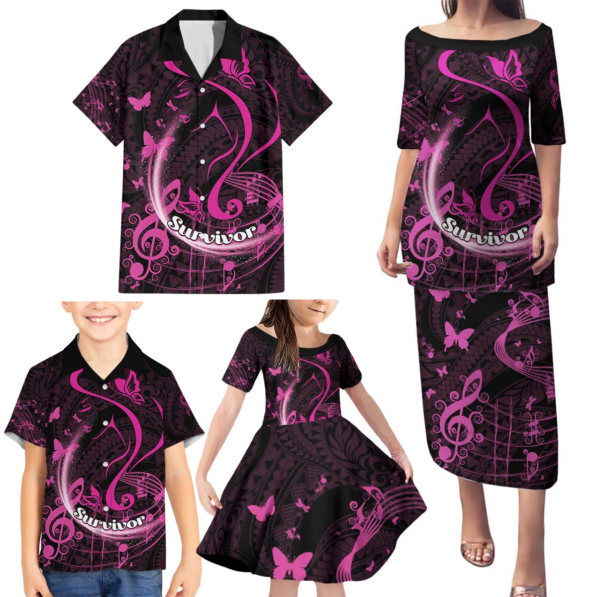Personalised Survivor Melody Pink Family Matching Puletasi and Hawaiian Shirt Breast Cancer Polynesian Pattern LT01 - Polynesian Pride
