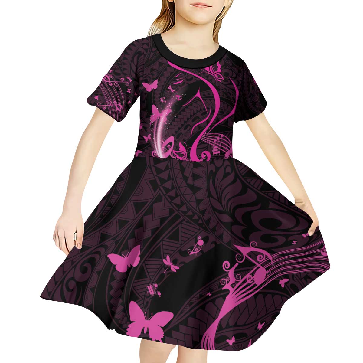 Personalised Survivor Melody Pink Kid Short Sleeve Dress Breast Cancer Polynesian Pattern LT01 - Polynesian Pride