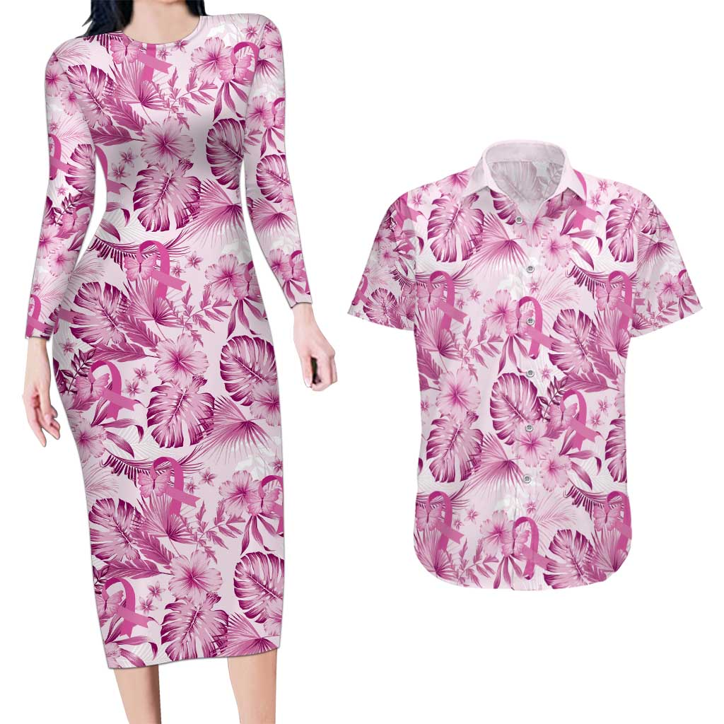 Pink Ribbon Hibiscus Tropical Pattern Couples Matching Long Sleeve Bodycon Dress and Hawaiian Shirt Breast Cancer LT01 Pink - Polynesian Pride