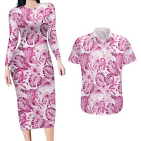 Pink Ribbon Hibiscus Tropical Pattern Couples Matching Long Sleeve Bodycon Dress and Hawaiian Shirt Breast Cancer LT01 Pink - Polynesian Pride