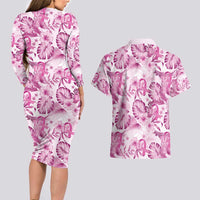 Pink Ribbon Hibiscus Tropical Pattern Couples Matching Long Sleeve Bodycon Dress and Hawaiian Shirt Breast Cancer LT01 - Polynesian Pride