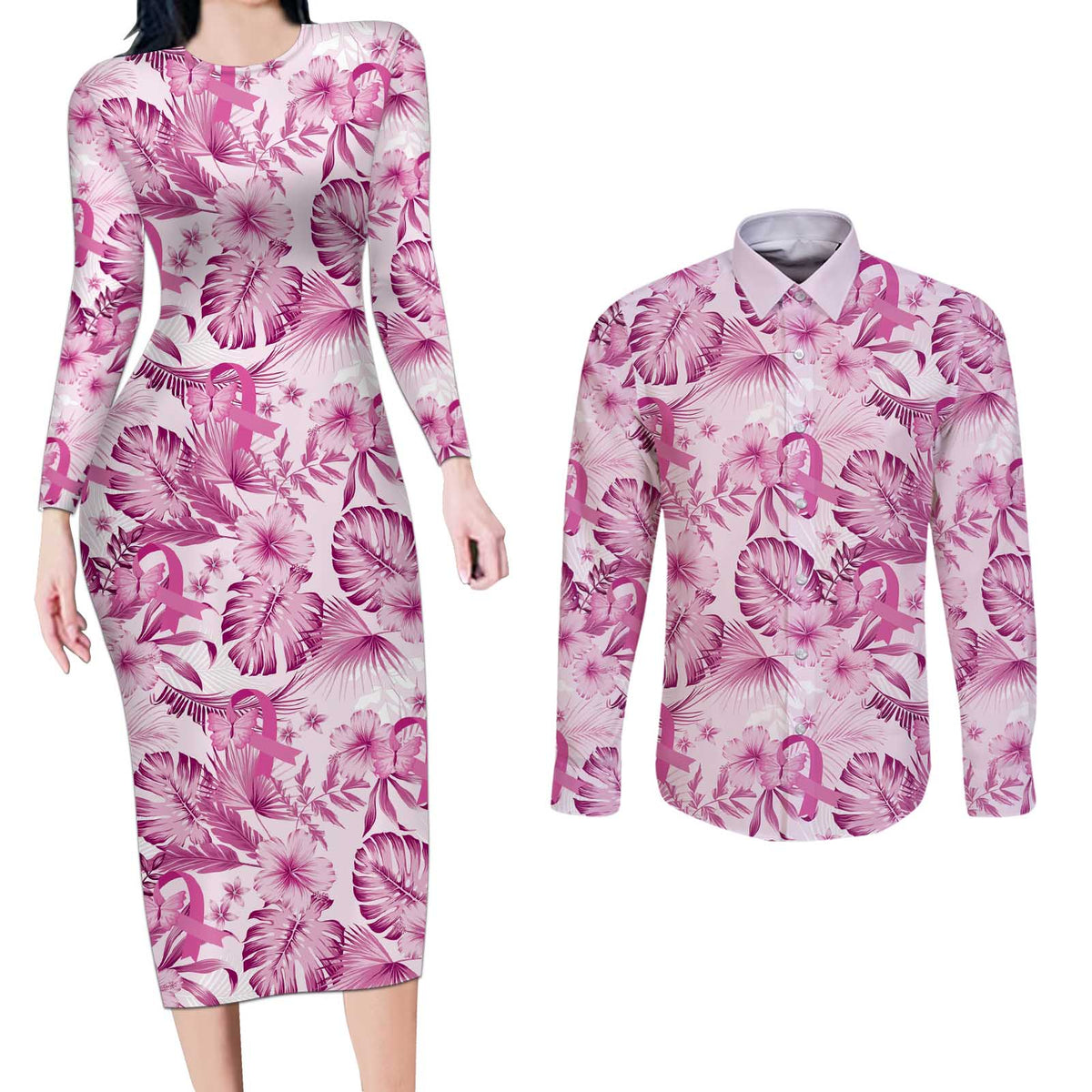 Pink Ribbon Hibiscus Tropical Pattern Couples Matching Long Sleeve Bodycon Dress and Long Sleeve Button Shirt Breast Cancer LT01 Pink - Polynesian Pride