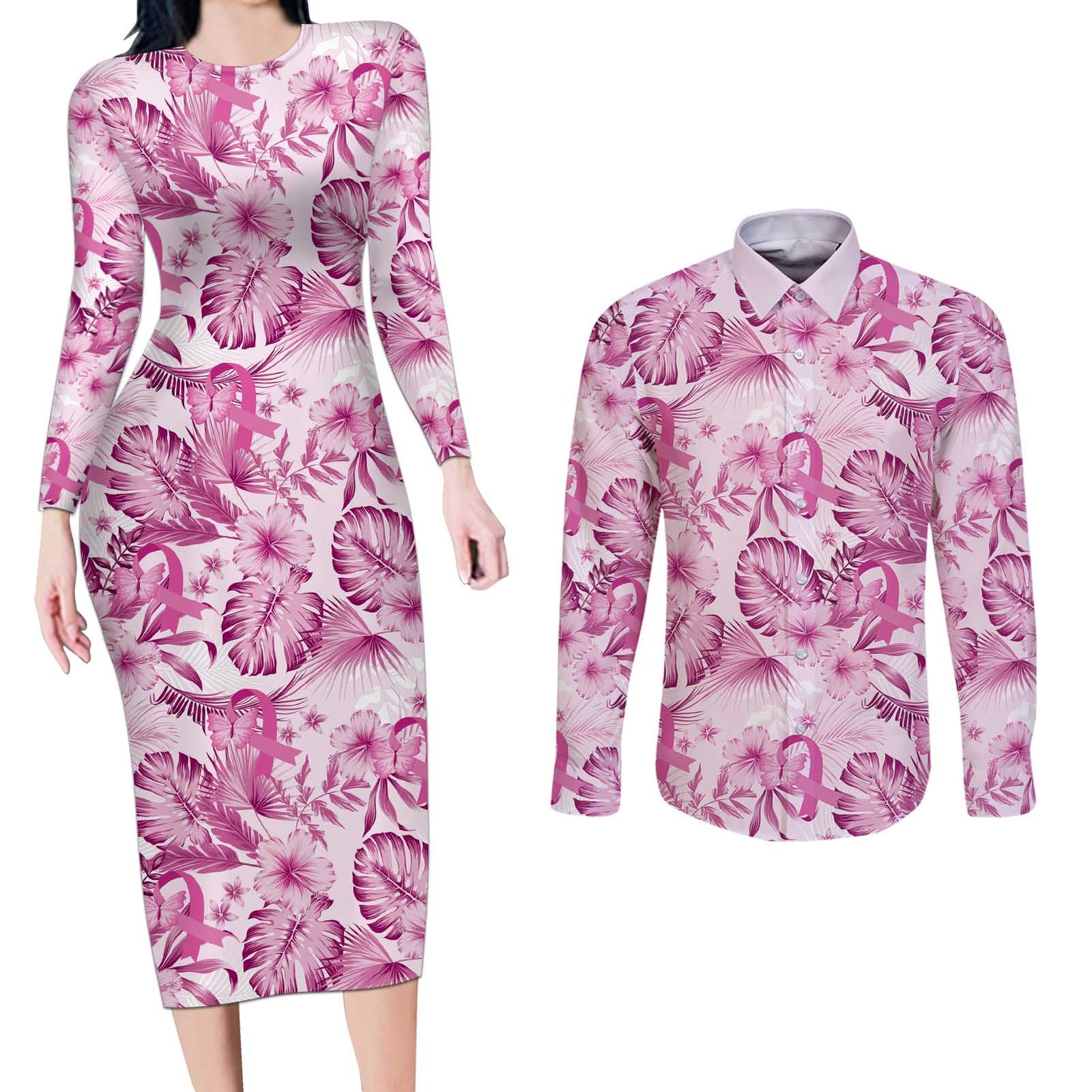 Pink Ribbon Hibiscus Tropical Pattern Couples Matching Long Sleeve Bodycon Dress and Long Sleeve Button Shirt Breast Cancer LT01 Pink - Polynesian Pride