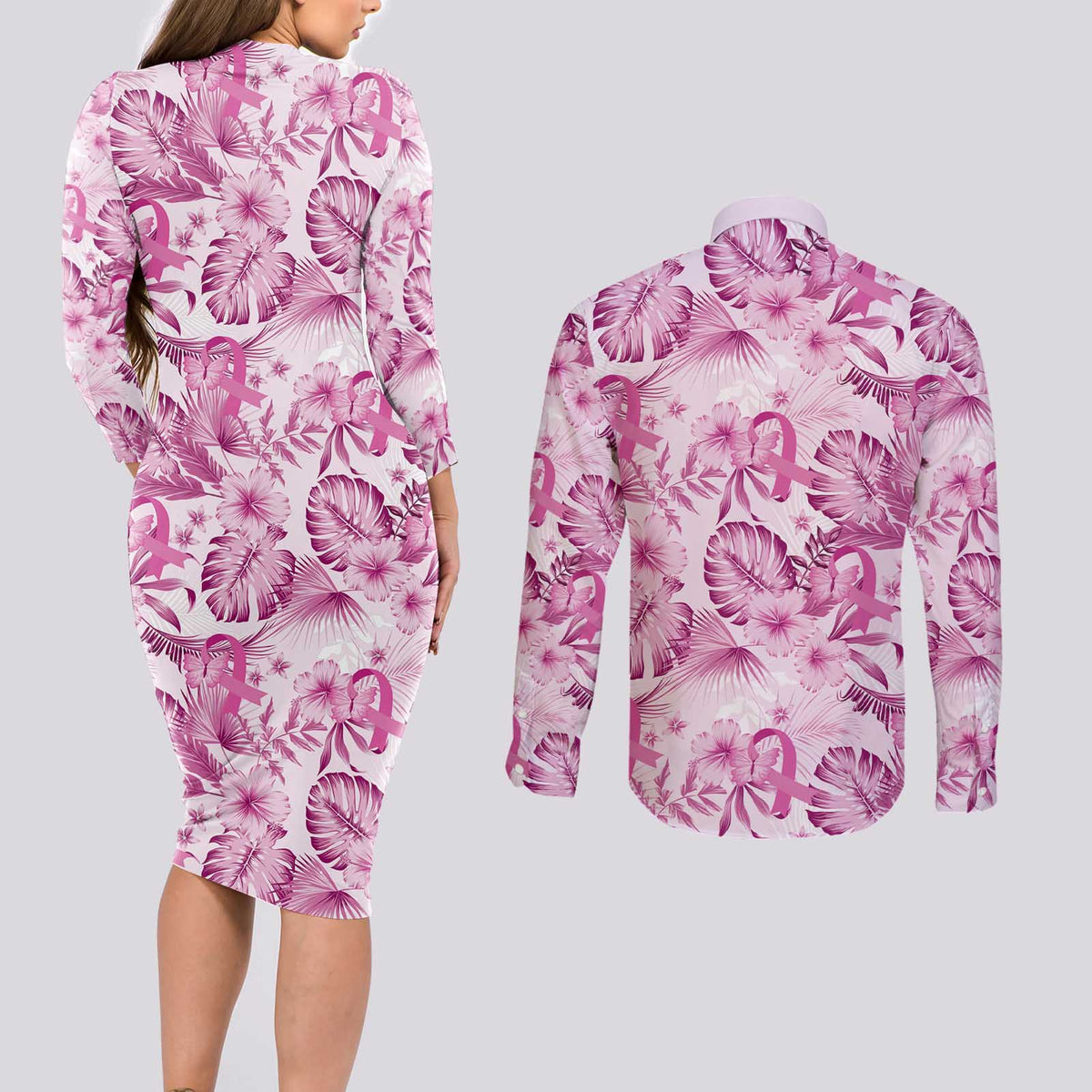 Pink Ribbon Hibiscus Tropical Pattern Couples Matching Long Sleeve Bodycon Dress and Long Sleeve Button Shirt Breast Cancer LT01 - Polynesian Pride