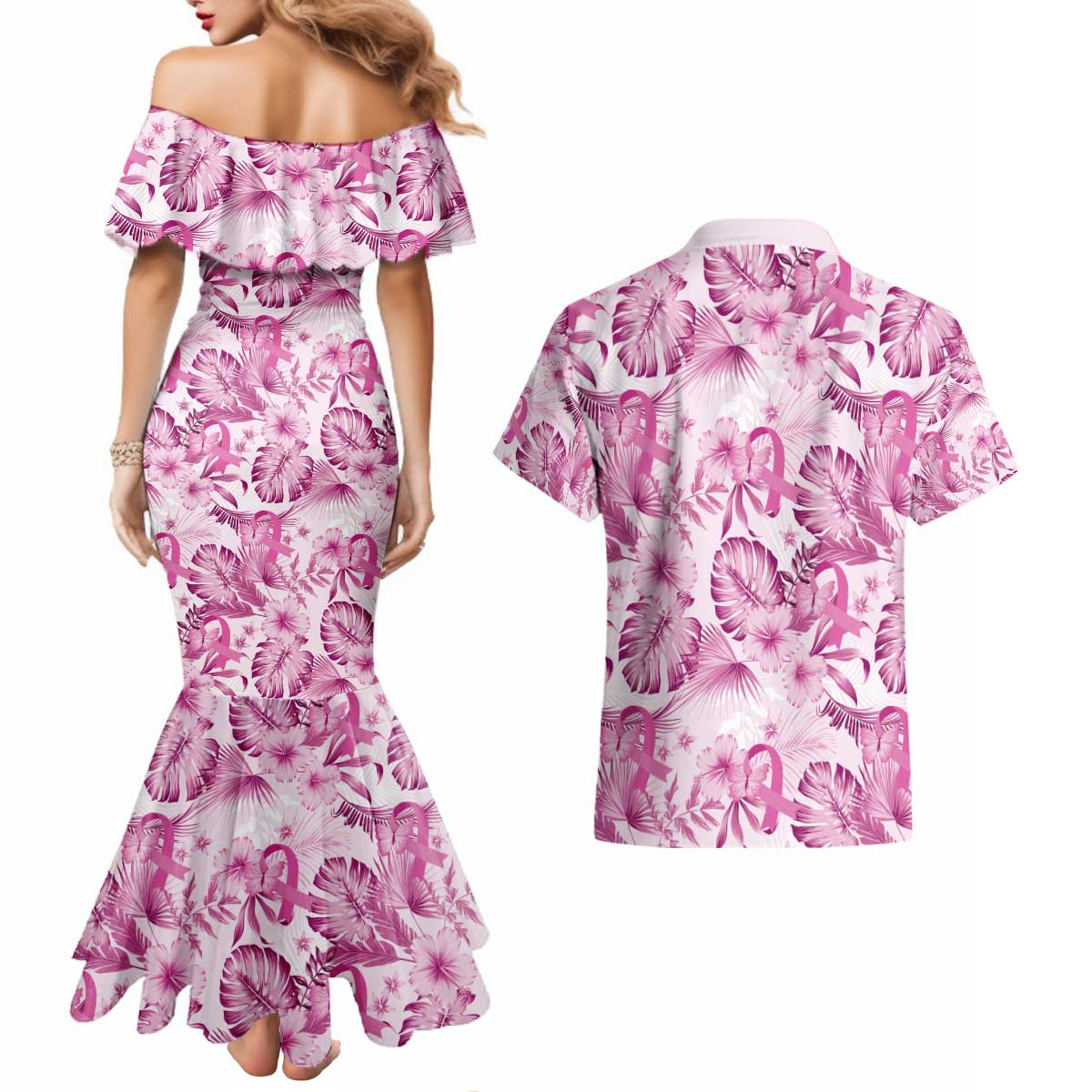 Pink Ribbon Hibiscus Tropical Pattern Couples Matching Mermaid Dress and Hawaiian Shirt Breast Cancer LT01 - Polynesian Pride