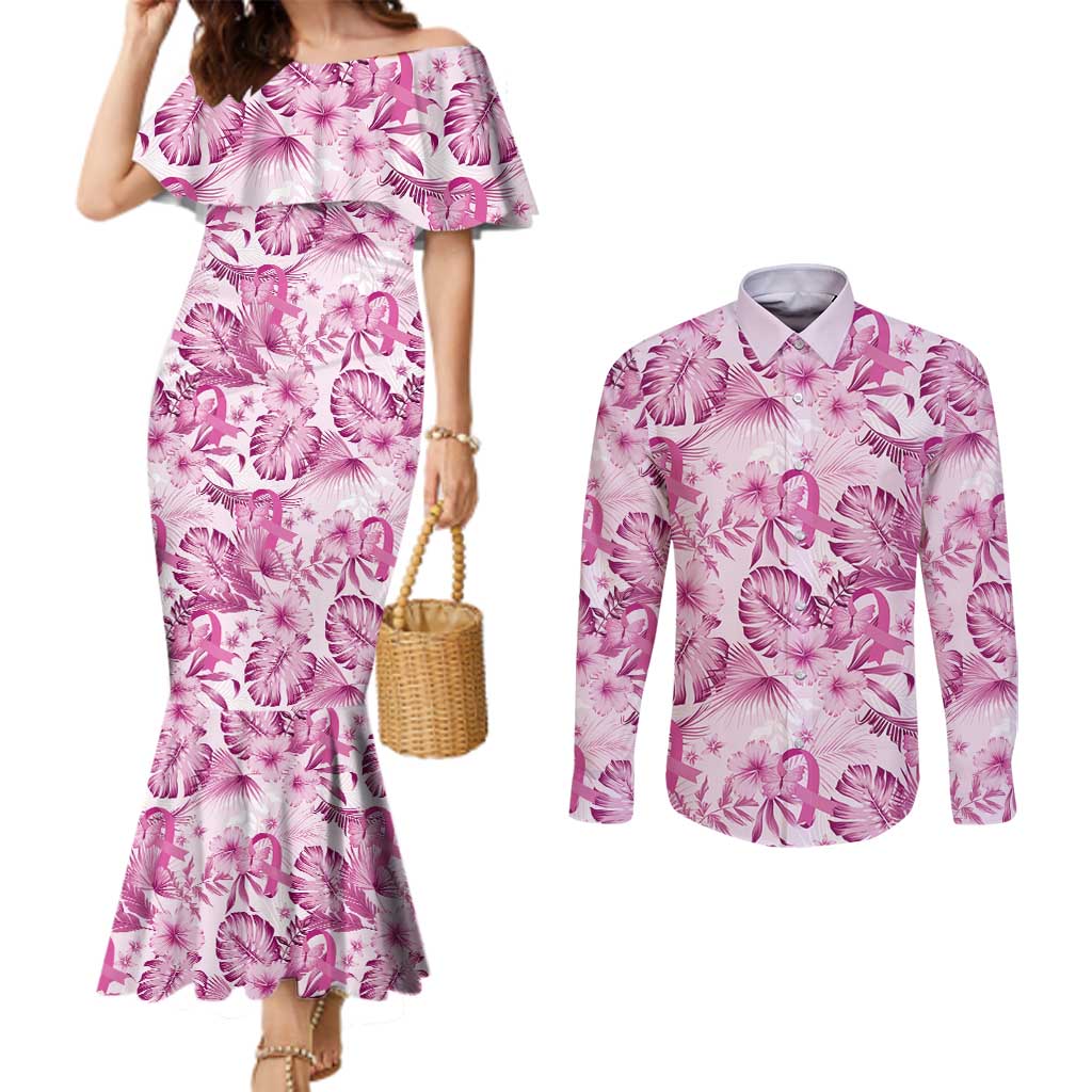 Pink Ribbon Hibiscus Tropical Pattern Couples Matching Mermaid Dress and Long Sleeve Button Shirt Breast Cancer LT01 Pink - Polynesian Pride