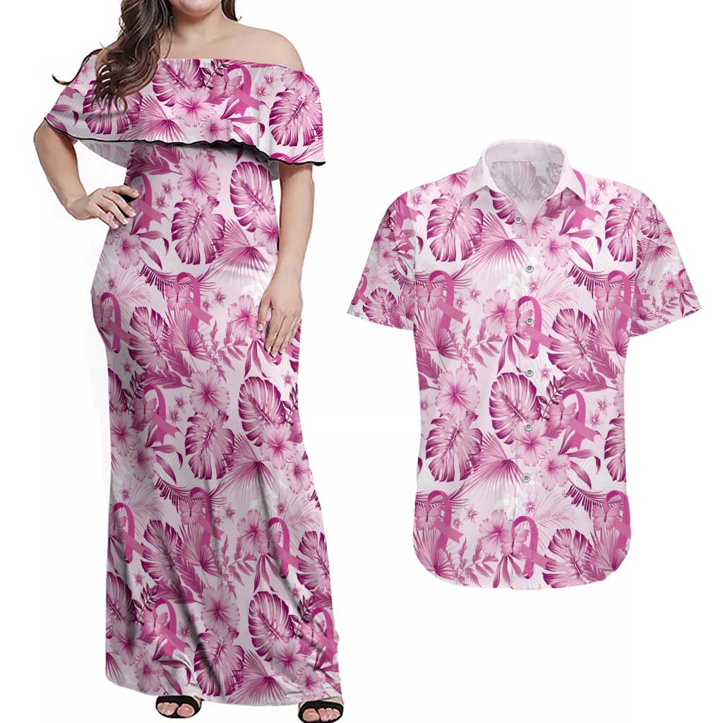 Pink Ribbon Hibiscus Tropical Pattern Couples Matching Off Shoulder Maxi Dress and Hawaiian Shirt Breast Cancer LT01 Pink - Polynesian Pride