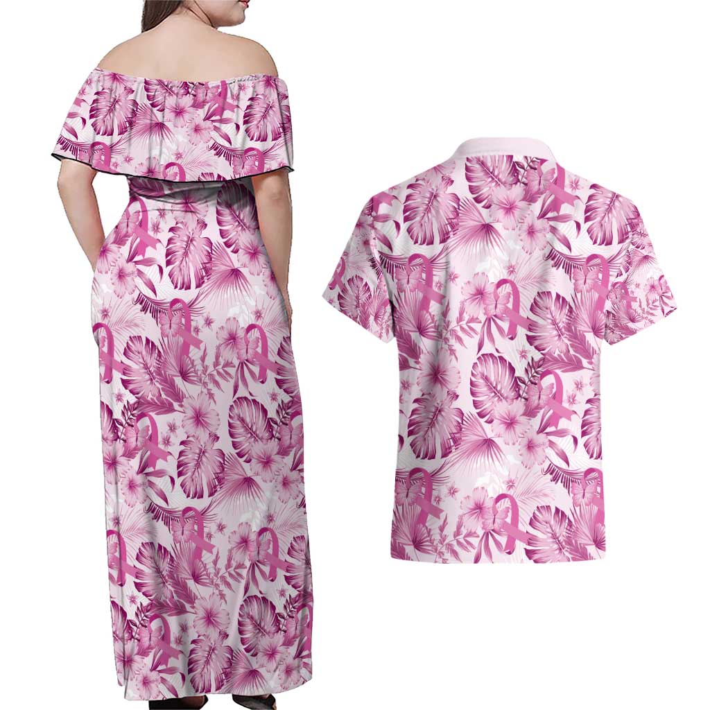 Pink Ribbon Hibiscus Tropical Pattern Couples Matching Off Shoulder Maxi Dress and Hawaiian Shirt Breast Cancer LT01 - Polynesian Pride
