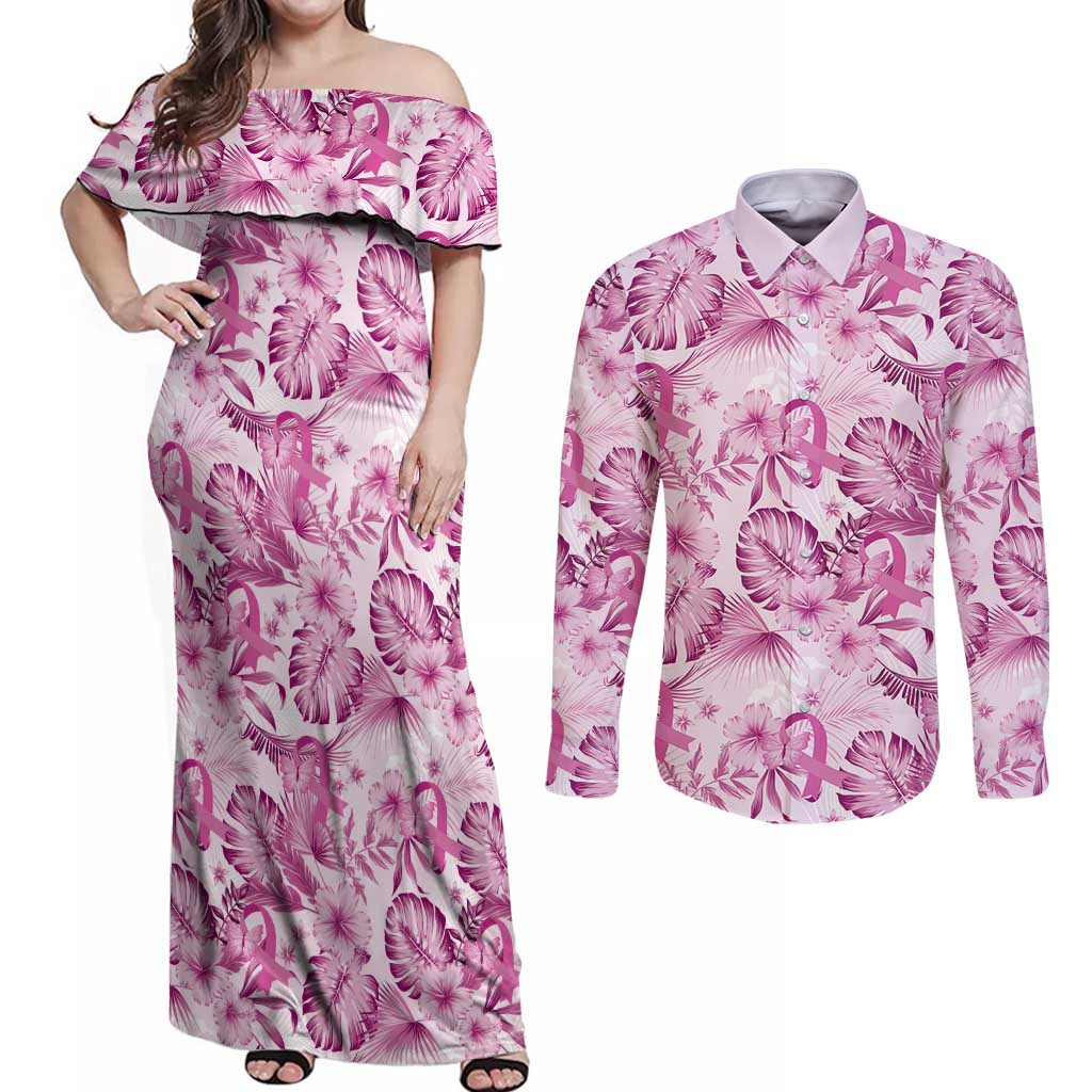 Pink Ribbon Hibiscus Tropical Pattern Couples Matching Off Shoulder Maxi Dress and Long Sleeve Button Shirt Breast Cancer LT01 Pink - Polynesian Pride