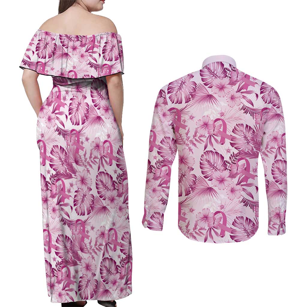 Pink Ribbon Hibiscus Tropical Pattern Couples Matching Off Shoulder Maxi Dress and Long Sleeve Button Shirt Breast Cancer