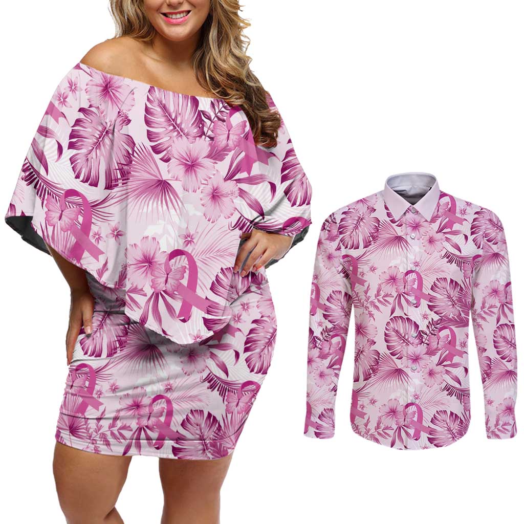 Pink Ribbon Hibiscus Tropical Pattern Couples Matching Off Shoulder Short Dress and Long Sleeve Button Shirt Breast Cancer LT01 Pink - Polynesian Pride