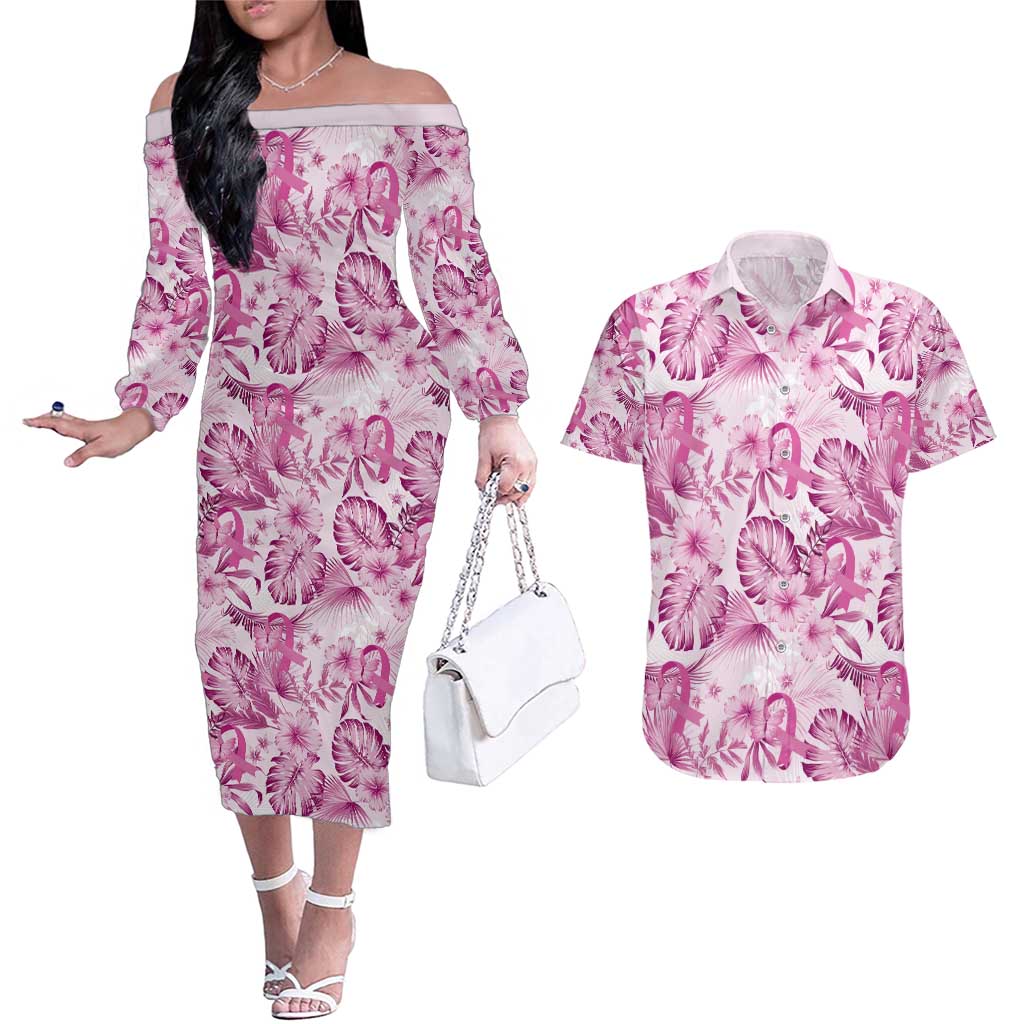 Pink Ribbon Hibiscus Tropical Pattern Couples Matching Off The Shoulder Long Sleeve Dress and Hawaiian Shirt Breast Cancer LT01 Pink - Polynesian Pride