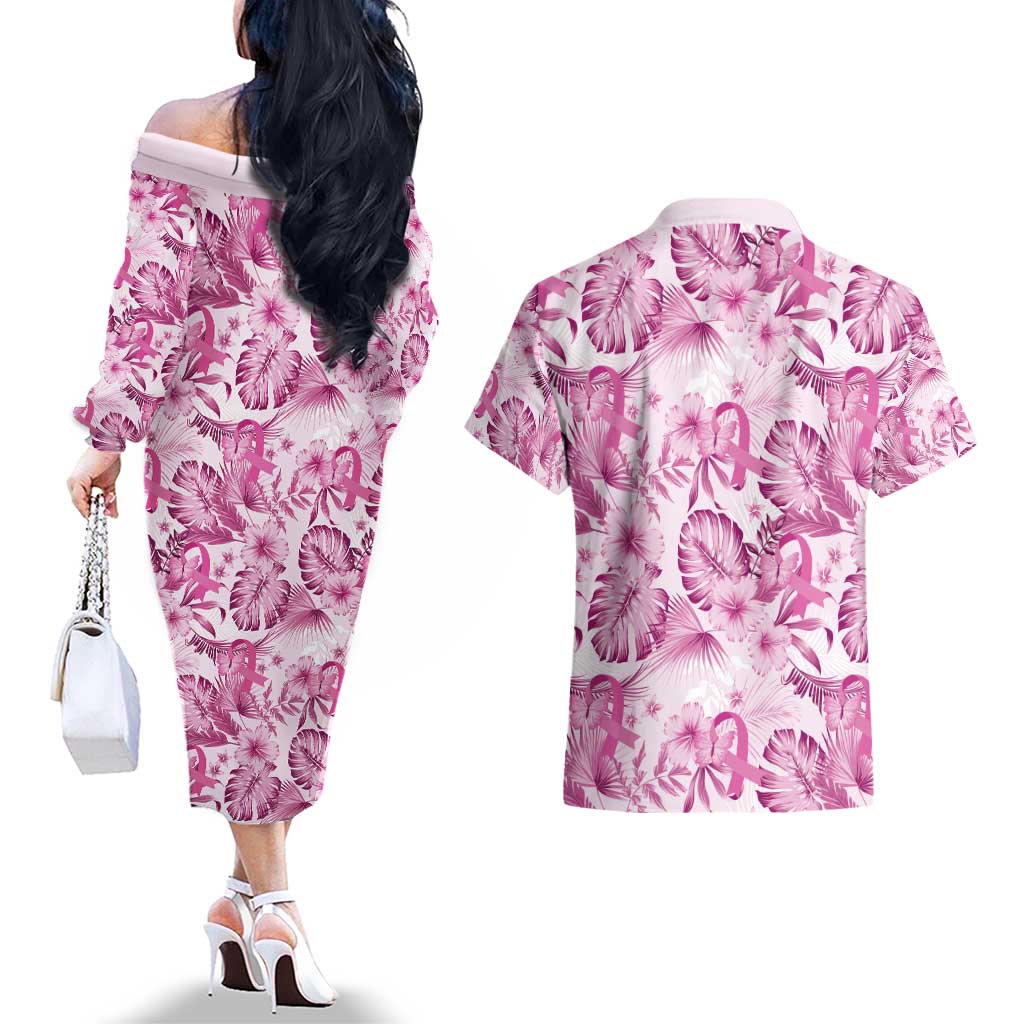 Pink Ribbon Hibiscus Tropical Pattern Couples Matching Off The Shoulder Long Sleeve Dress and Hawaiian Shirt Breast Cancer LT01 - Polynesian Pride