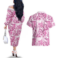 Pink Ribbon Hibiscus Tropical Pattern Couples Matching Off The Shoulder Long Sleeve Dress and Hawaiian Shirt Breast Cancer LT01 - Polynesian Pride