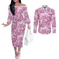 Pink Ribbon Hibiscus Tropical Pattern Couples Matching Off The Shoulder Long Sleeve Dress and Long Sleeve Button Shirt Breast Cancer LT01 Pink - Polynesian Pride