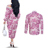 Pink Ribbon Hibiscus Tropical Pattern Couples Matching Off The Shoulder Long Sleeve Dress and Long Sleeve Button Shirt Breast Cancer LT01 - Polynesian Pride