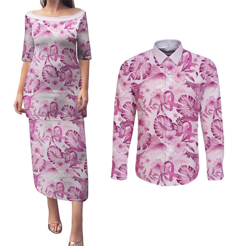 Pink Ribbon Hibiscus Tropical Pattern Couples Matching Puletasi and Long Sleeve Button Shirt Breast Cancer LT01 Pink - Polynesian Pride