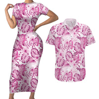 Pink Ribbon Hibiscus Tropical Pattern Couples Matching Short Sleeve Bodycon Dress and Hawaiian Shirt Breast Cancer LT01 Pink - Polynesian Pride