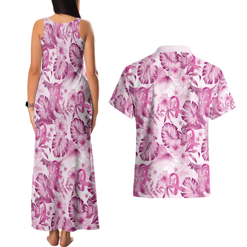 Pink Ribbon Hibiscus Tropical Pattern Couples Matching Tank Maxi Dress and Hawaiian Shirt Breast Cancer LT01 - Polynesian Pride
