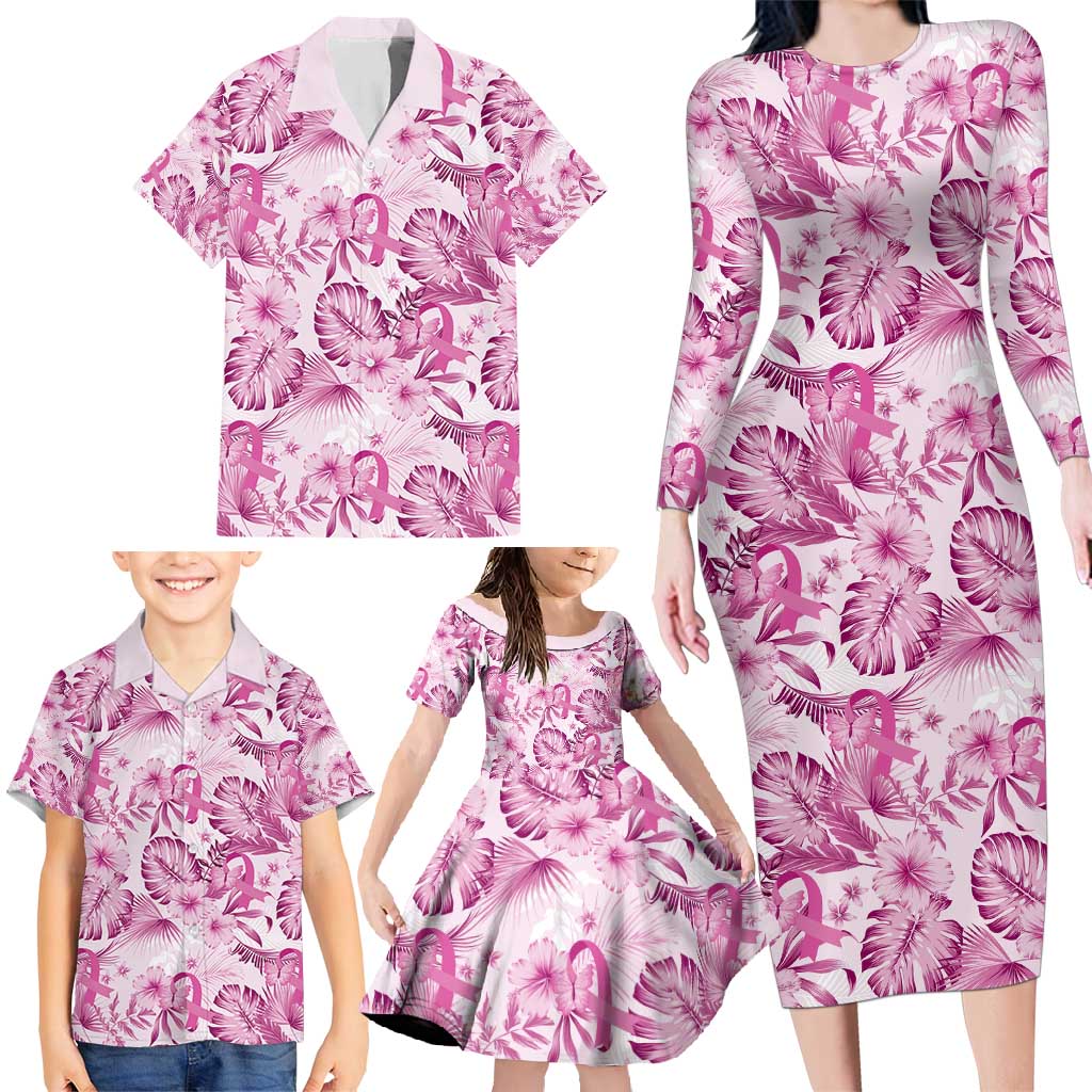 Pink Ribbon Hibiscus Tropical Pattern Family Matching Long Sleeve Bodycon Dress and Hawaiian Shirt Breast Cancer LT01 - Polynesian Pride